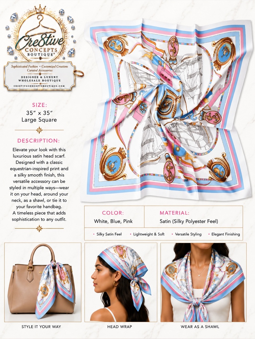 Satin Luxurious, Handbag/Shawl or Scarf Silky Square Versatile-Pink/Blue